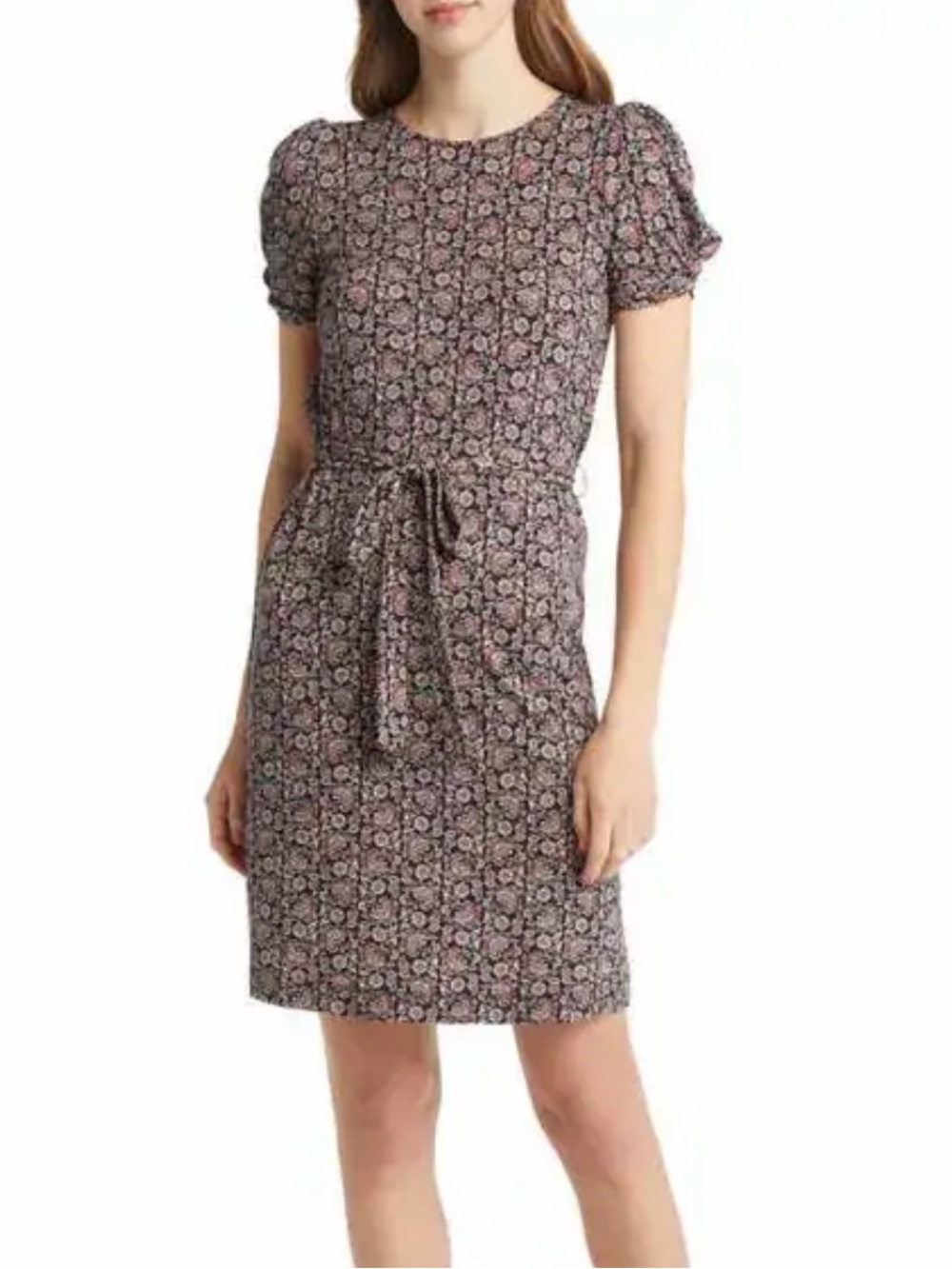Boden Puff Sleeve Tie Waist Brown and Black Floral Dress Size 12L